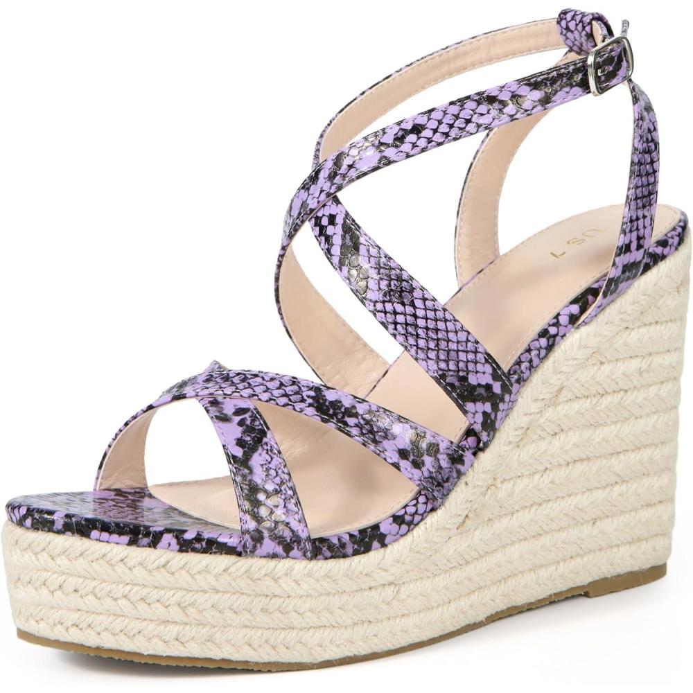 imageAllegra K Womens Snake Print Wedges Strappy Platform Wedge Heel SandalsPurple