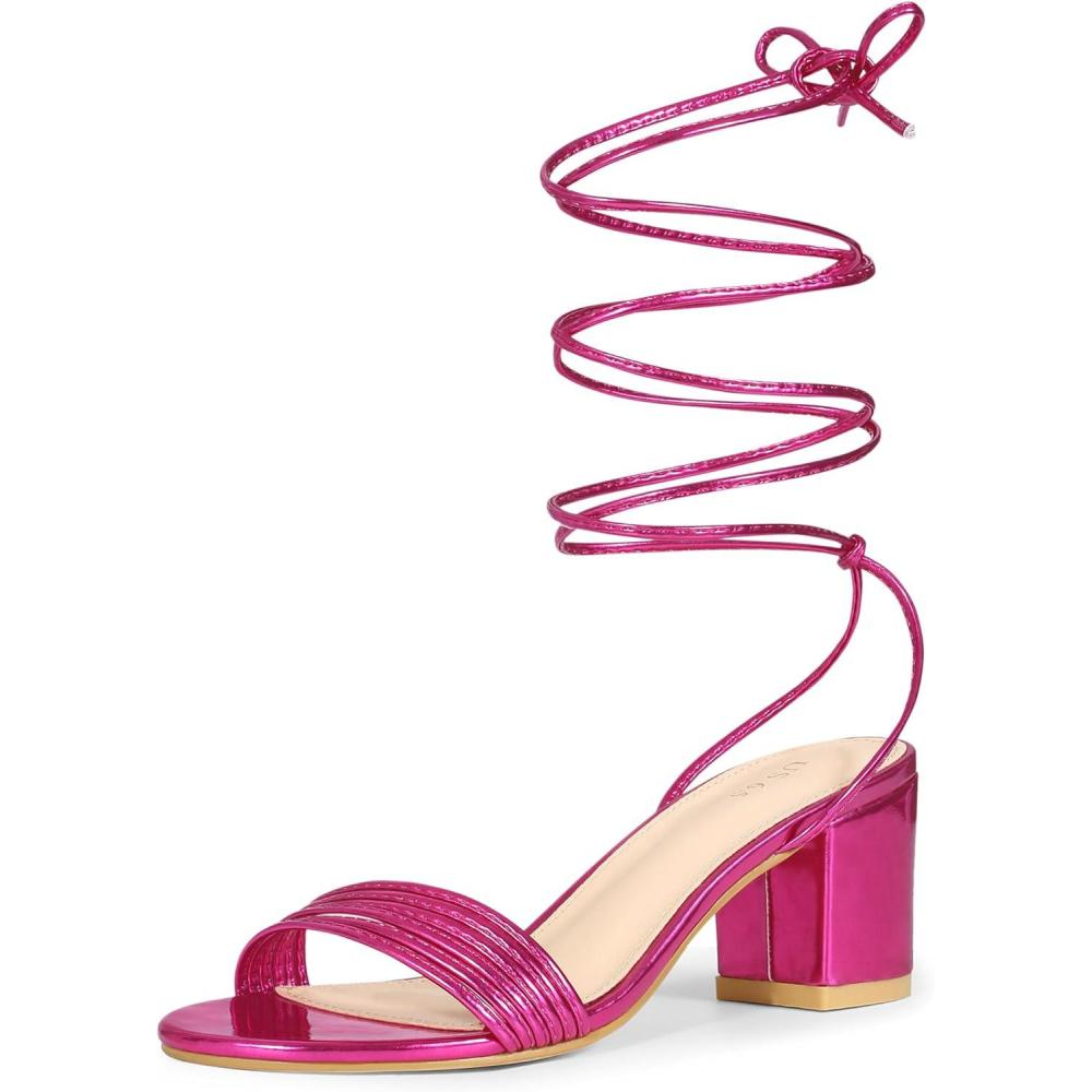 imageAllegra K Womens Sparkle Strappy Lace Up Block Heels SandalsHot Pink