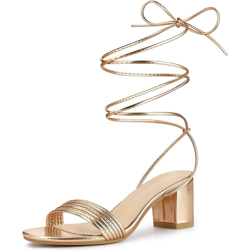 imageAllegra K Womens Sparkle Strappy Lace Up Block Heels SandalsRose Gold