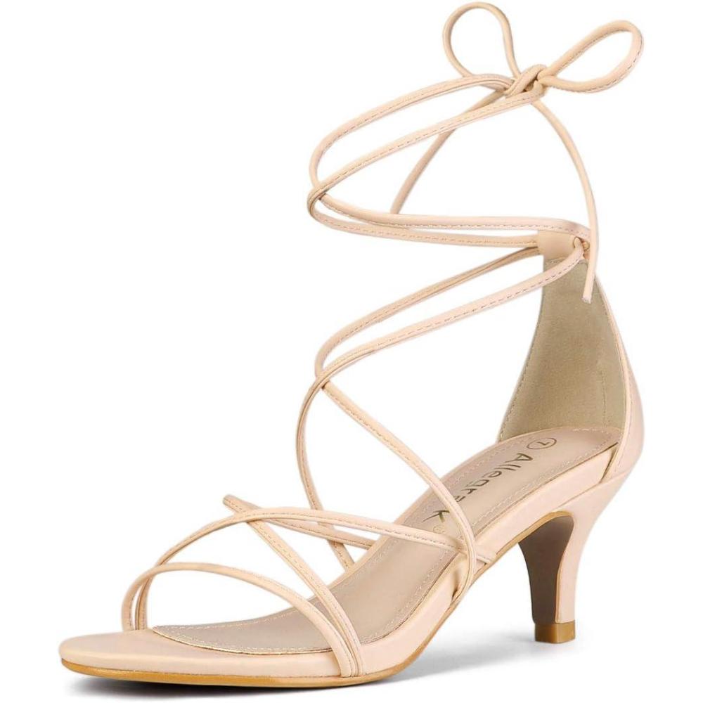 imageAllegra K Womens Strappy Kitten Heel Lace Up SandalsBeige