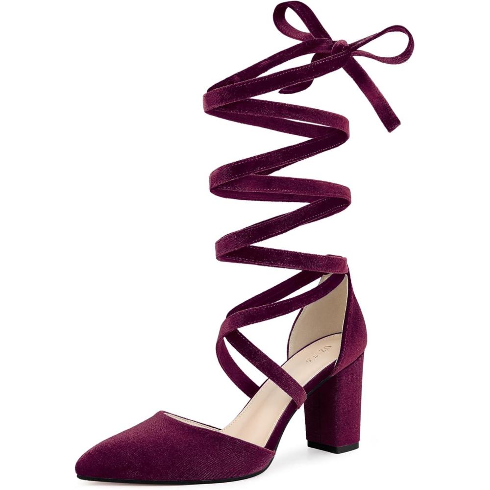 imageAllegra K Womens Velvet Lace Up Chunky Heels Pointed Toe PumpsBurgundy