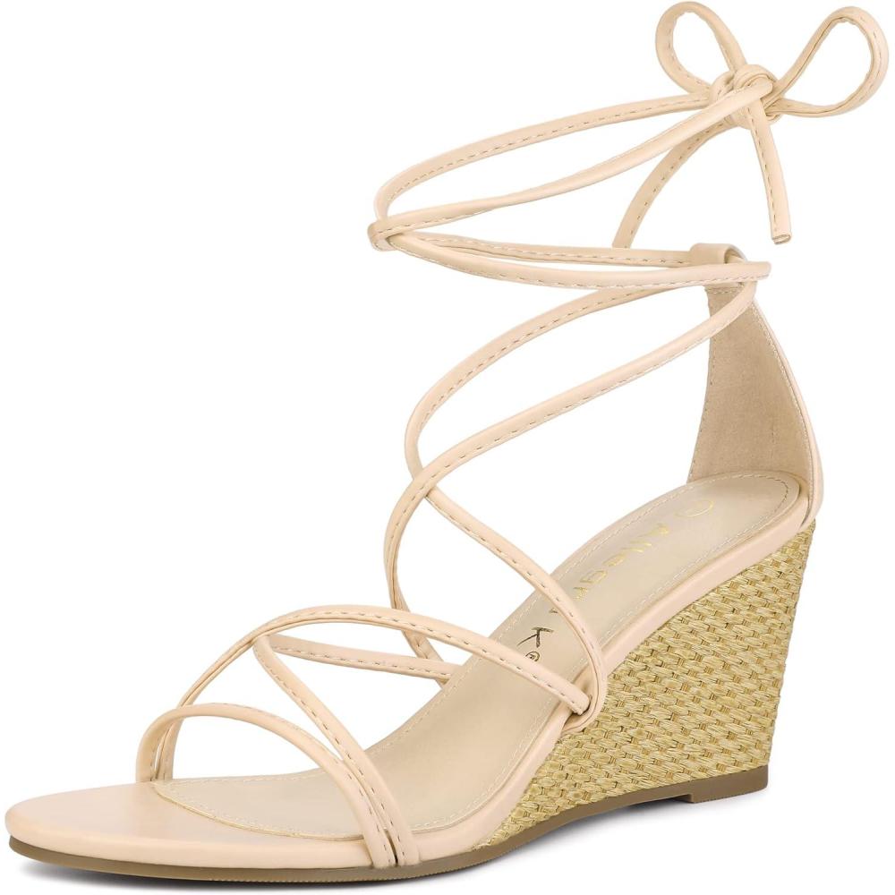 imageAllegra K Womens Wedge Heels Lace Up Strappy Low Wedges SandalsBeige