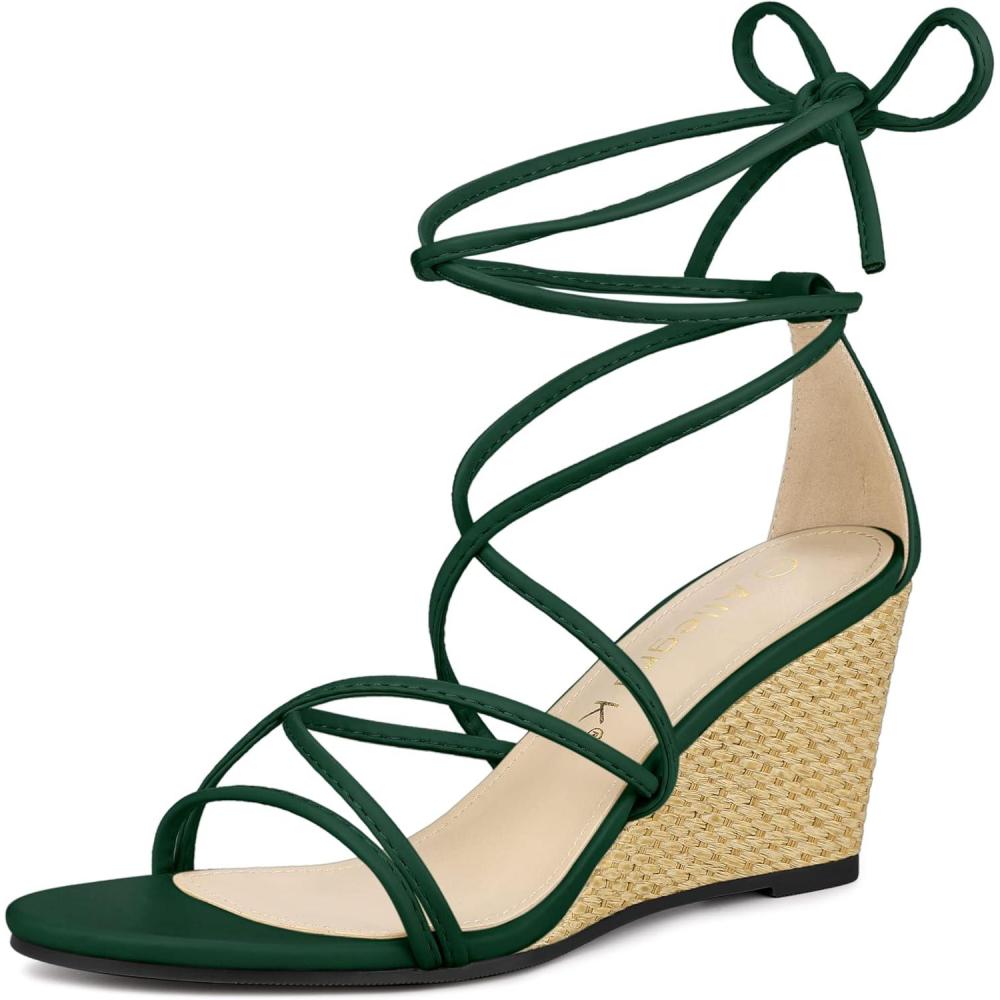 imageAllegra K Womens Wedge Heels Lace Up Strappy Low Wedges SandalsDark Green