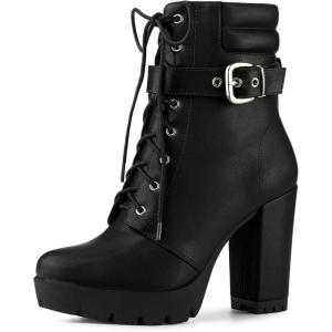 imageAllegra K Womens Platform Ankle Boots Lace Up Block Heels Combat BootsBlack