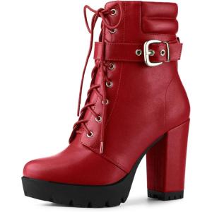 imageAllegra K Womens Platform Ankle Boots Lace Up Block Heels Combat BootsRed
