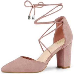 imageAllegra K Womens Pointed Toe Chunky Heels Lace Up Sandals PumpsDust Pink