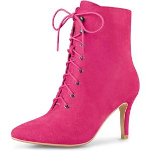 imageAllegra K Womens Pointy Toe Zip Lace Up Stiletto Heel Ankle BootsHot Pink