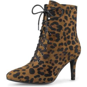 imageAllegra K Womens Pointy Toe Zip Lace Up Stiletto Heel Ankle BootsLeopard