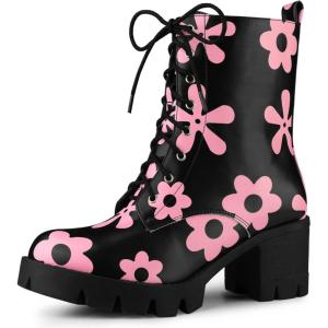 imageAllegra K Womens Printed Platform Round Toe Lace Up Chunky Heel Combat BootsBlack Pink