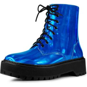 imageAllegra K Womens Round Toe Platform Lace Up Colorful Combat Ankle BootsBlue