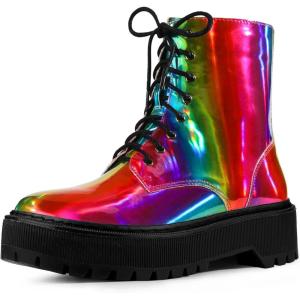 imageAllegra K Womens Round Toe Platform Lace Up Colorful Combat Ankle BootsColorful
