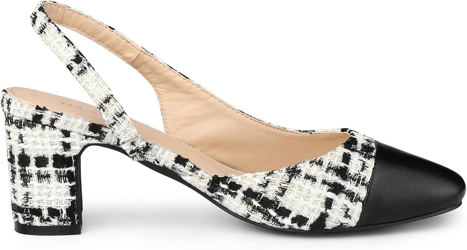 imageAllegra K Slingback Cap Toe Christmas Plaid Chunky Heel Pumps for WomenBlack White