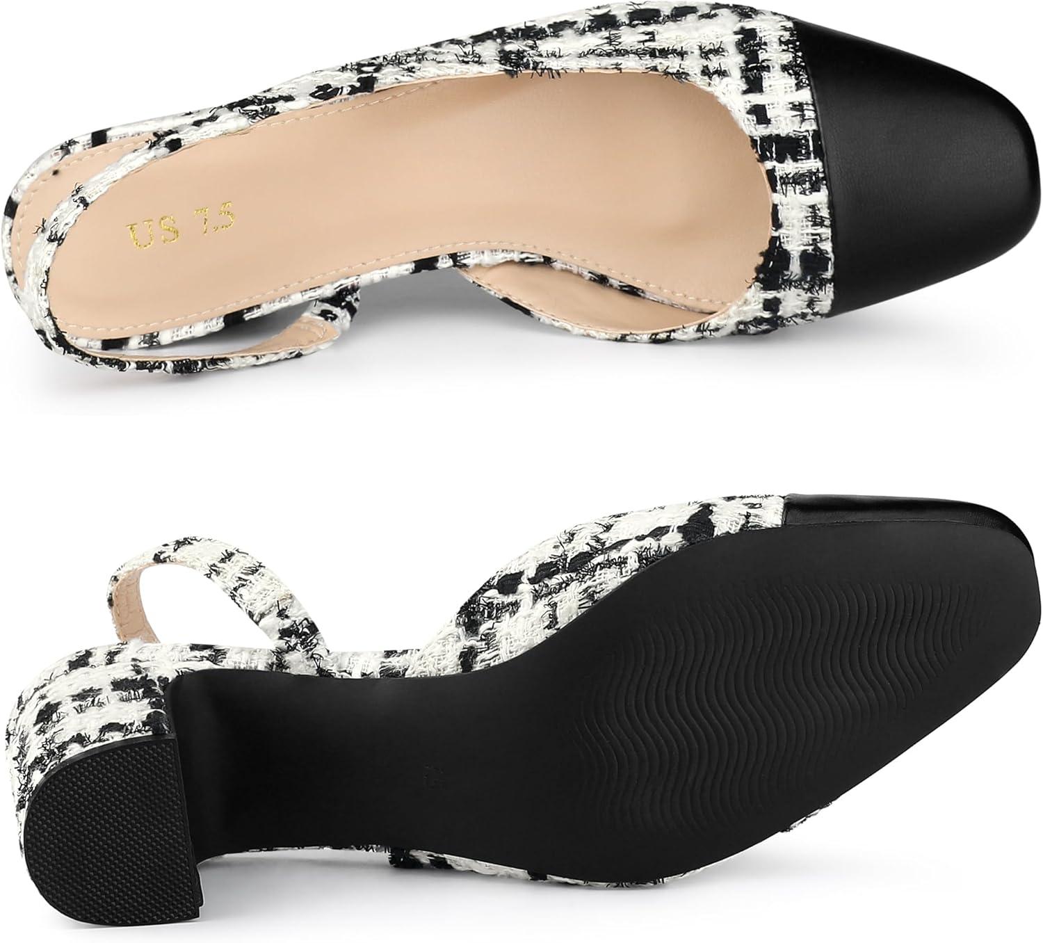 imageAllegra K Slingback Cap Toe Christmas Plaid Chunky Heel Pumps for WomenBlack White