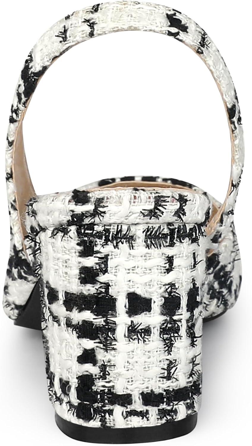 imageAllegra K Slingback Cap Toe Christmas Plaid Chunky Heel Pumps for WomenBlack White