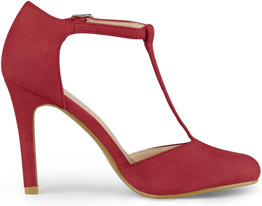 imageAllegra K Women Rounded Toe Stiletto Heel TStrap Dress Red Pumps  65 M US
