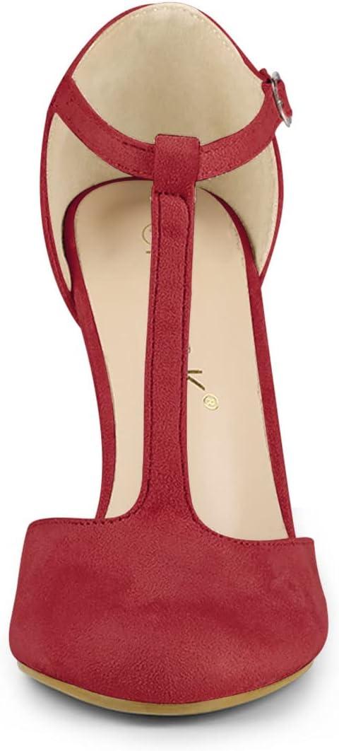 imageAllegra K Women Rounded Toe Stiletto Heel TStrap Dress Red Pumps  65 M US