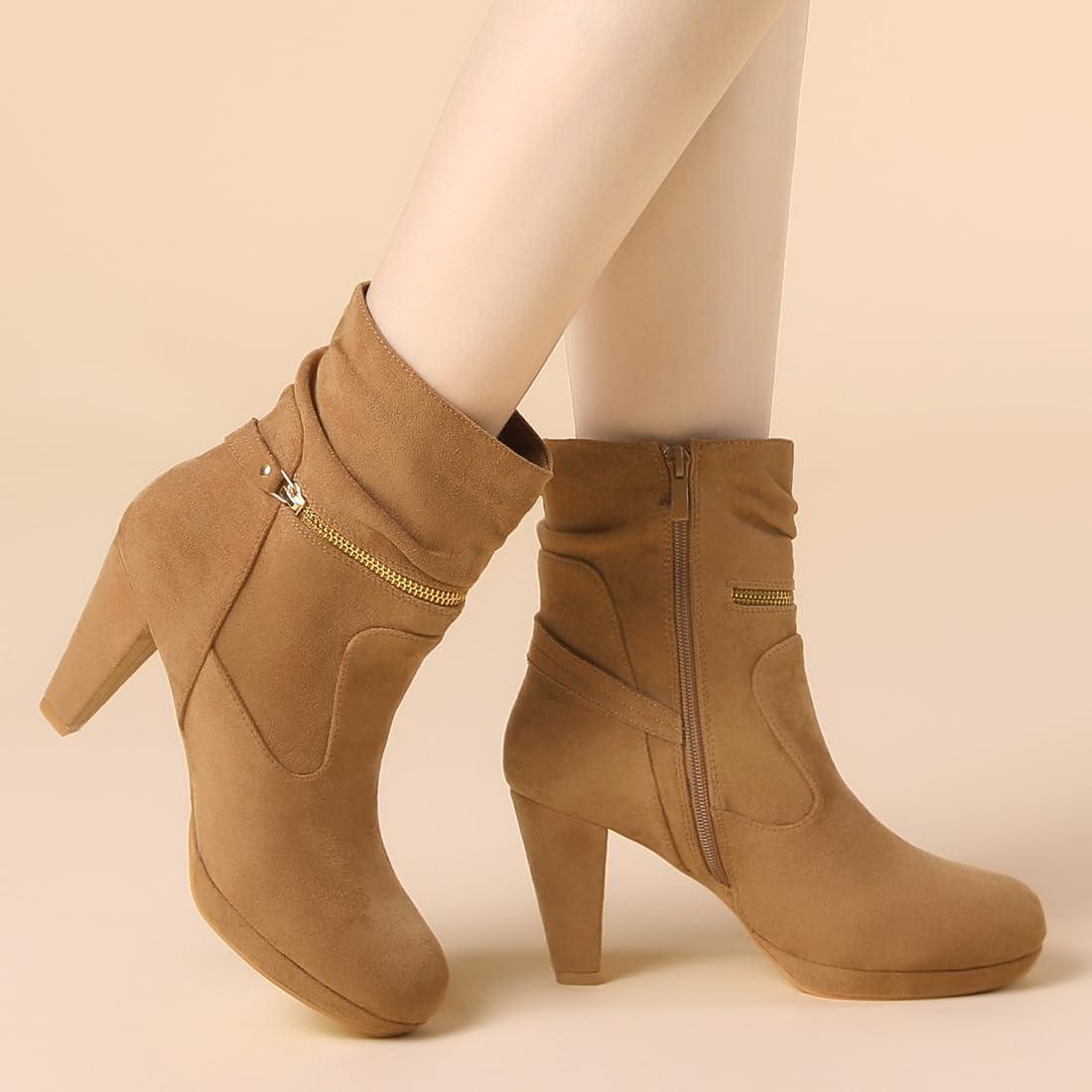 imageAllegra K Womens Ankle Zip Platform High Heel Mid Calf BootsBrown