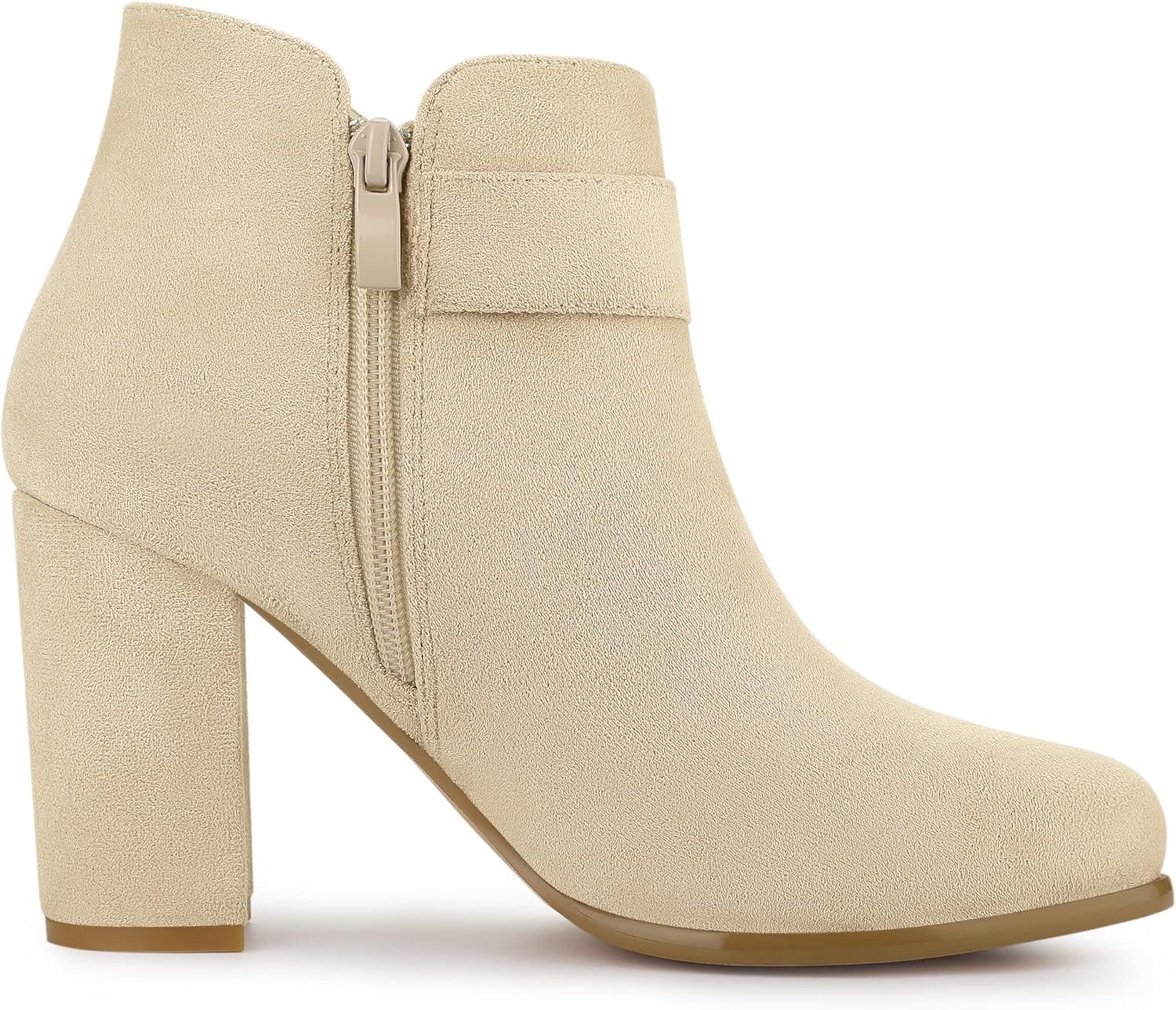 imageAllegra K Womens Buckle Side Zip Chunky Heels Ankle BootsBeige