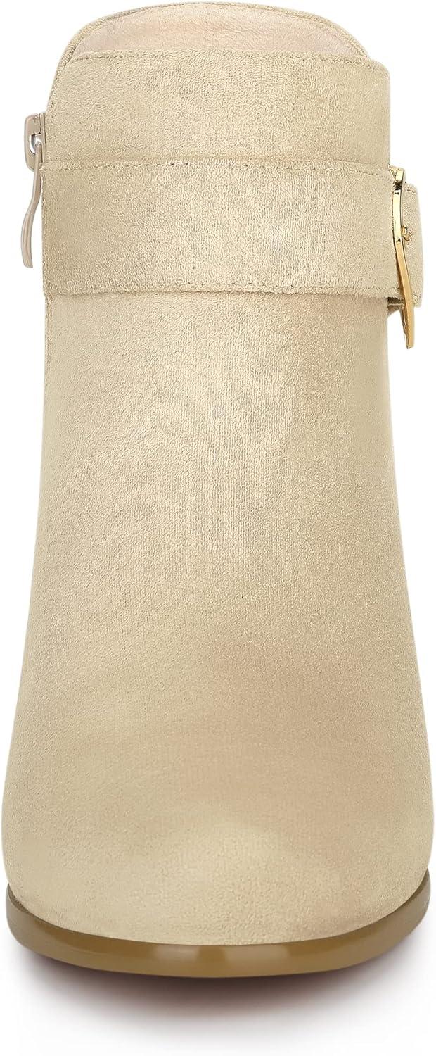 imageAllegra K Womens Buckle Side Zip Chunky Heels Ankle BootsBeige