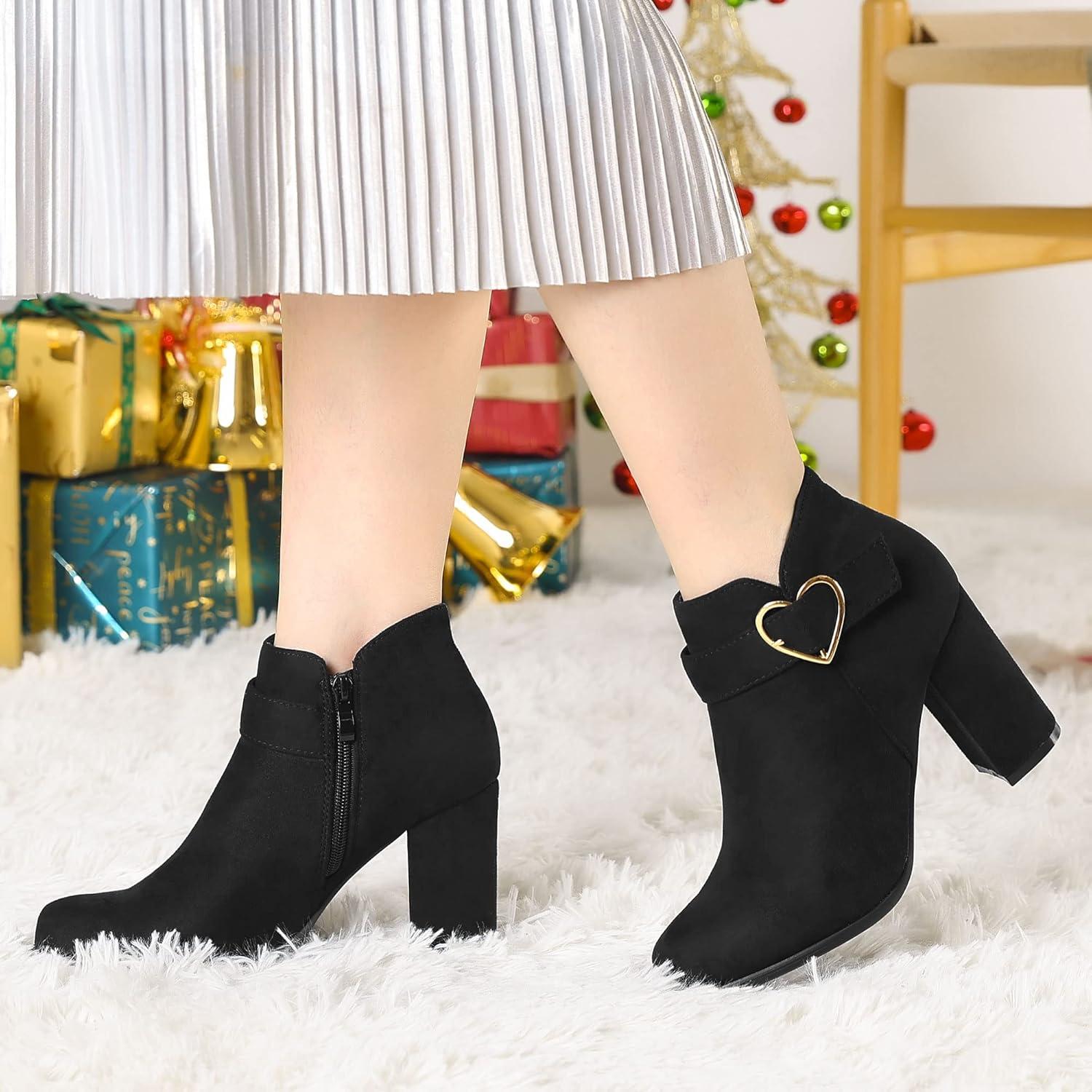 imageAllegra K Womens Buckle Side Zip Chunky Heels Ankle BootsBlack