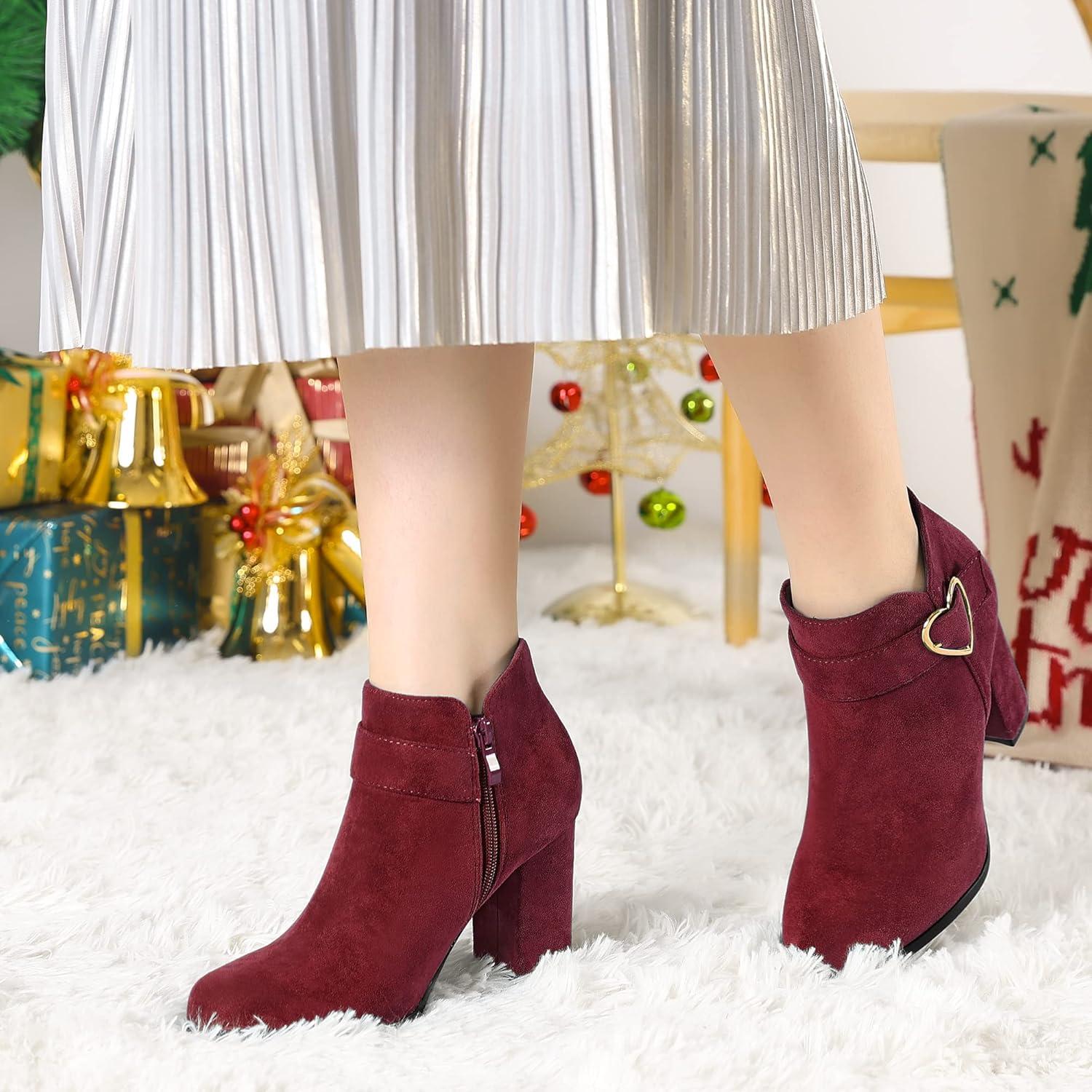 imageAllegra K Womens Buckle Side Zip Chunky Heels Ankle BootsBurgundy