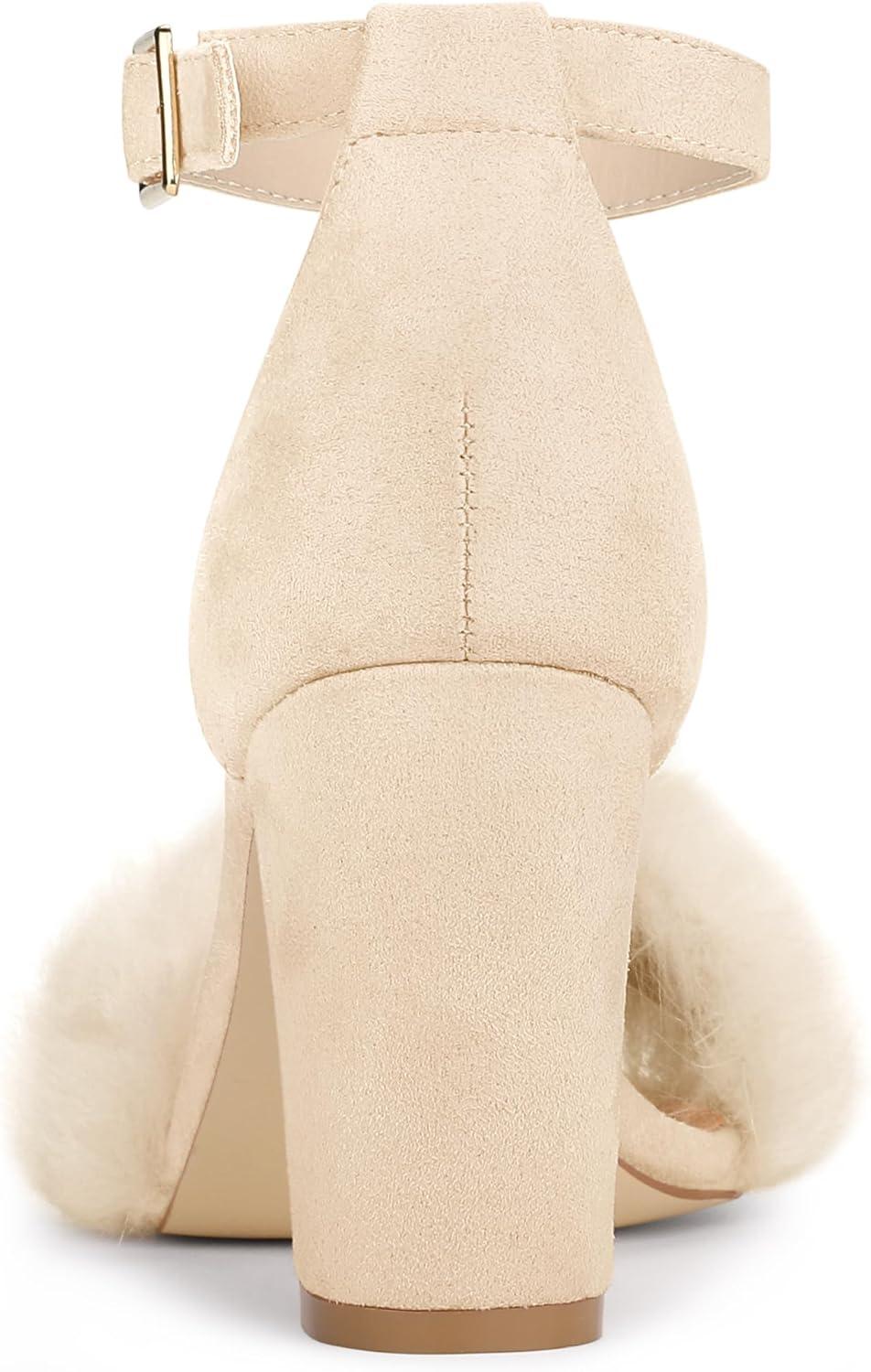 imageAllegra K Womens Faux Fur Ankle Strap Block Heels SandalsBeige