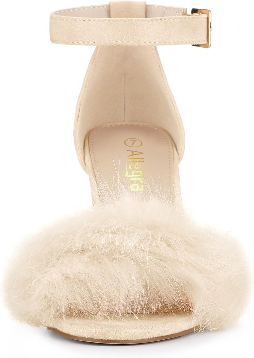 imageAllegra K Womens Faux Fur Ankle Strap Block Heels SandalsBeige
