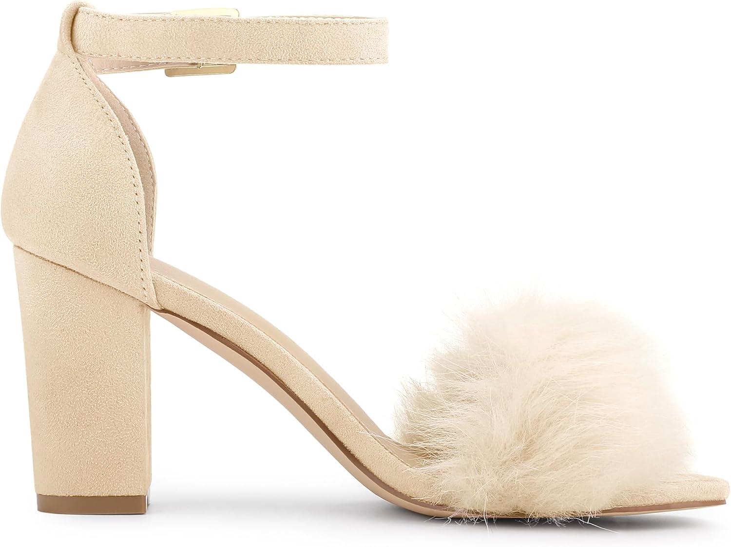 imageAllegra K Womens Faux Fur Ankle Strap Block Heels SandalsBeige