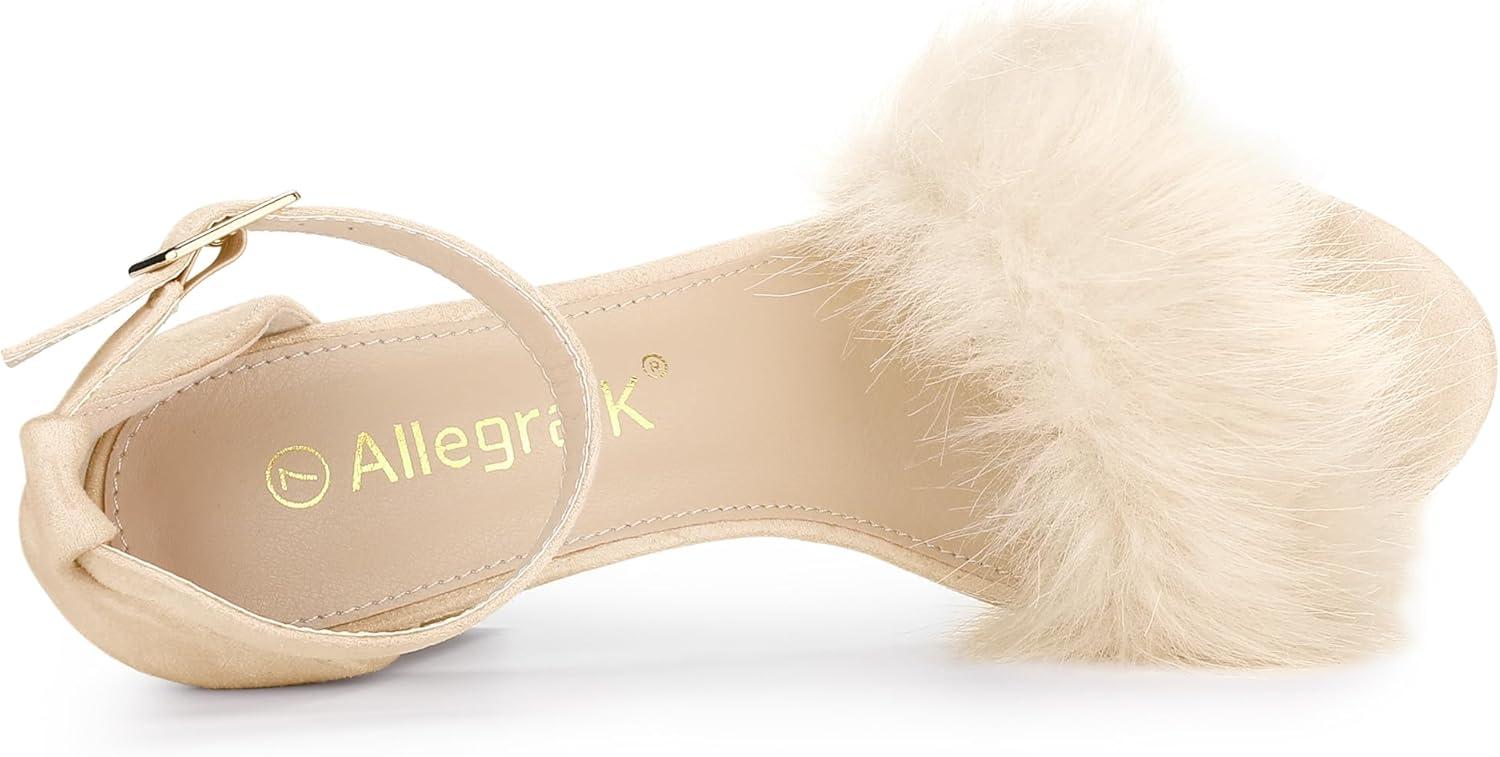 imageAllegra K Womens Faux Fur Ankle Strap Block Heels SandalsBeige