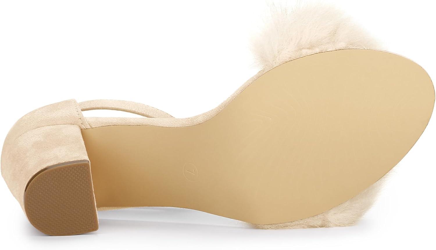 imageAllegra K Womens Faux Fur Ankle Strap Block Heels SandalsBeige