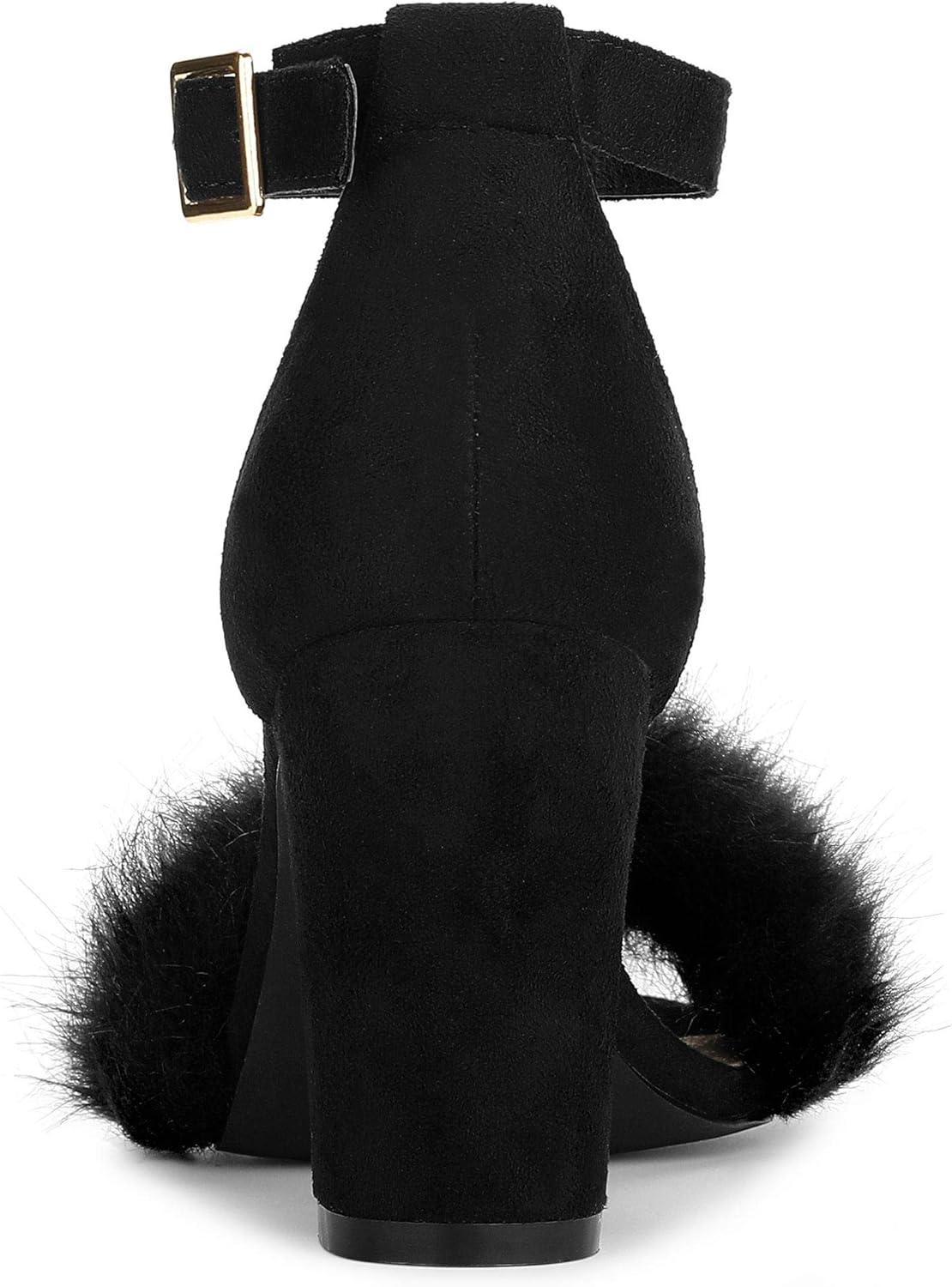 imageAllegra K Womens Faux Fur Ankle Strap Block Heels SandalsBlack