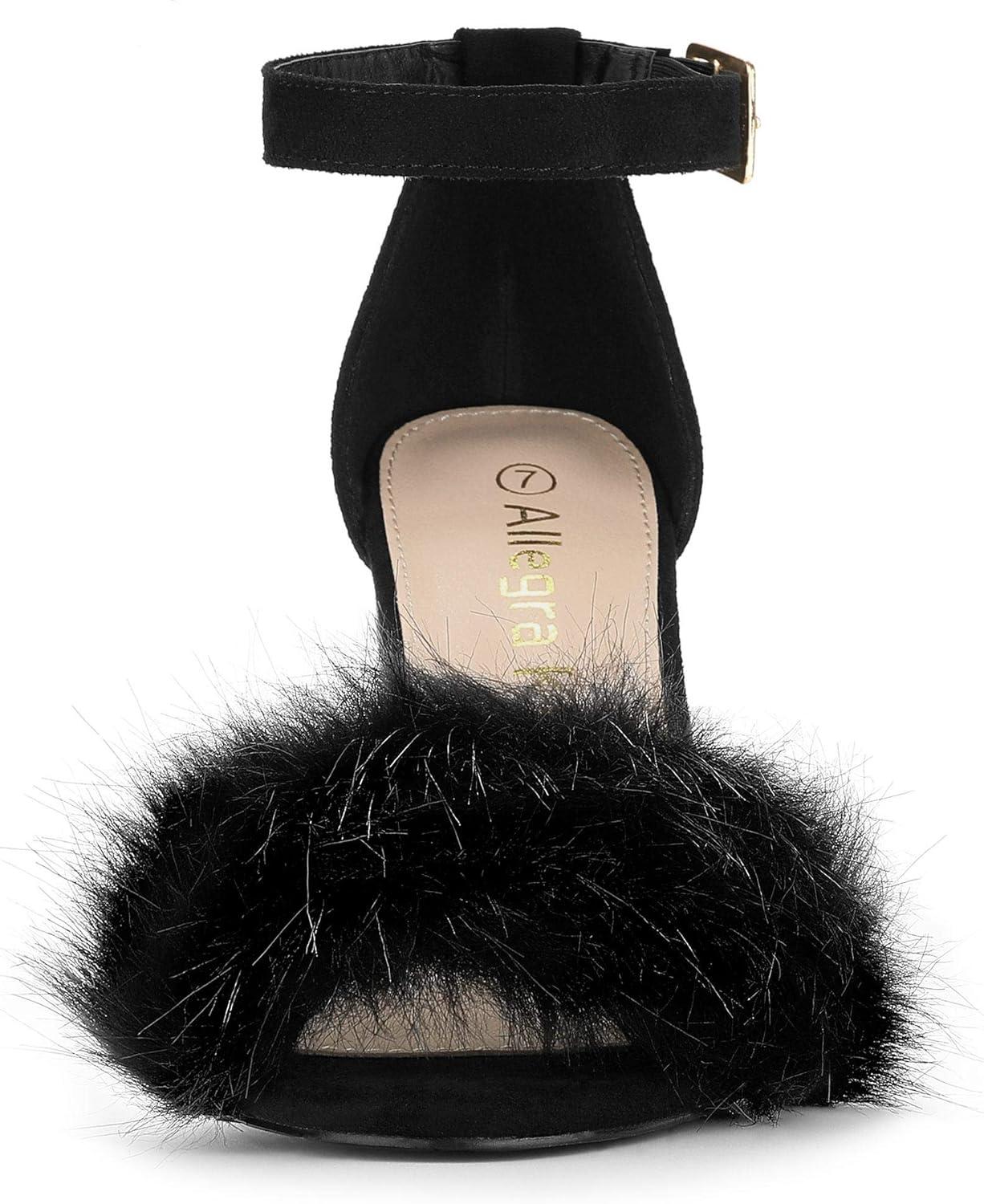 imageAllegra K Womens Faux Fur Ankle Strap Block Heels SandalsBlack
