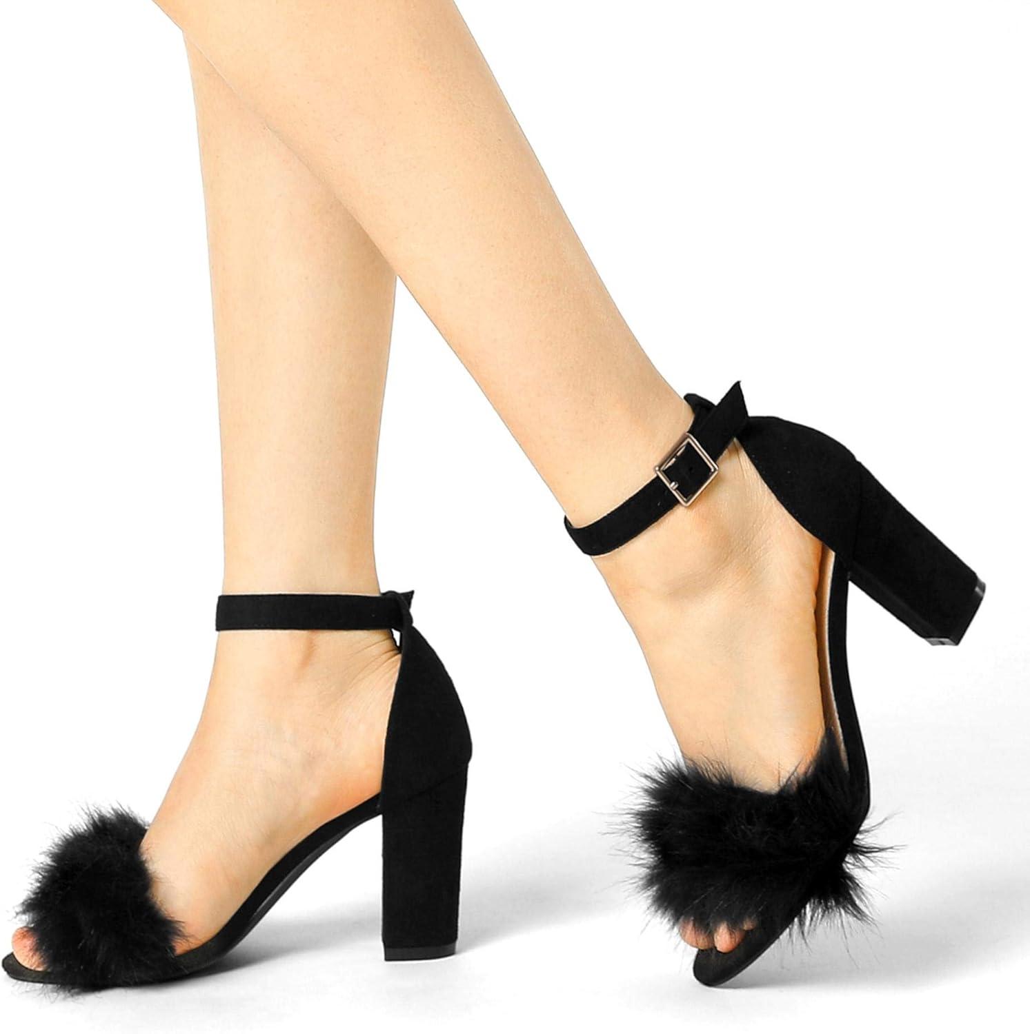 imageAllegra K Womens Faux Fur Ankle Strap Block Heels SandalsBlack