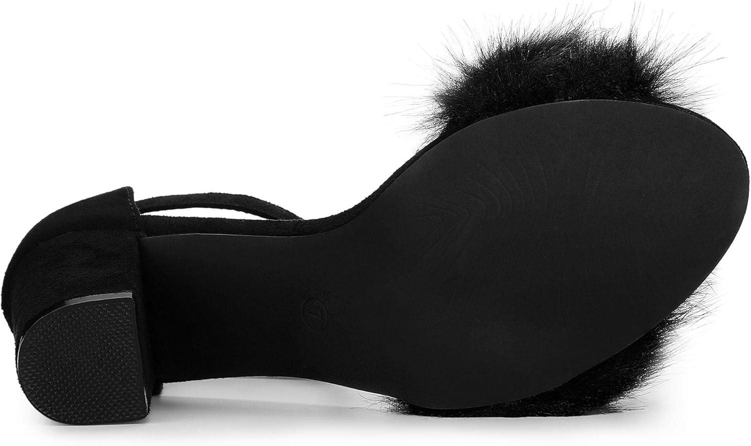 imageAllegra K Womens Faux Fur Ankle Strap Block Heels SandalsBlack