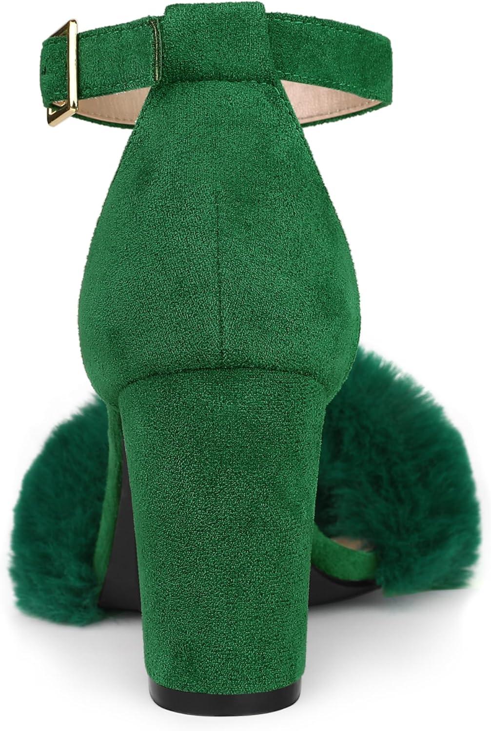 imageAllegra K Womens Faux Fur Ankle Strap Block Heels SandalsGreen