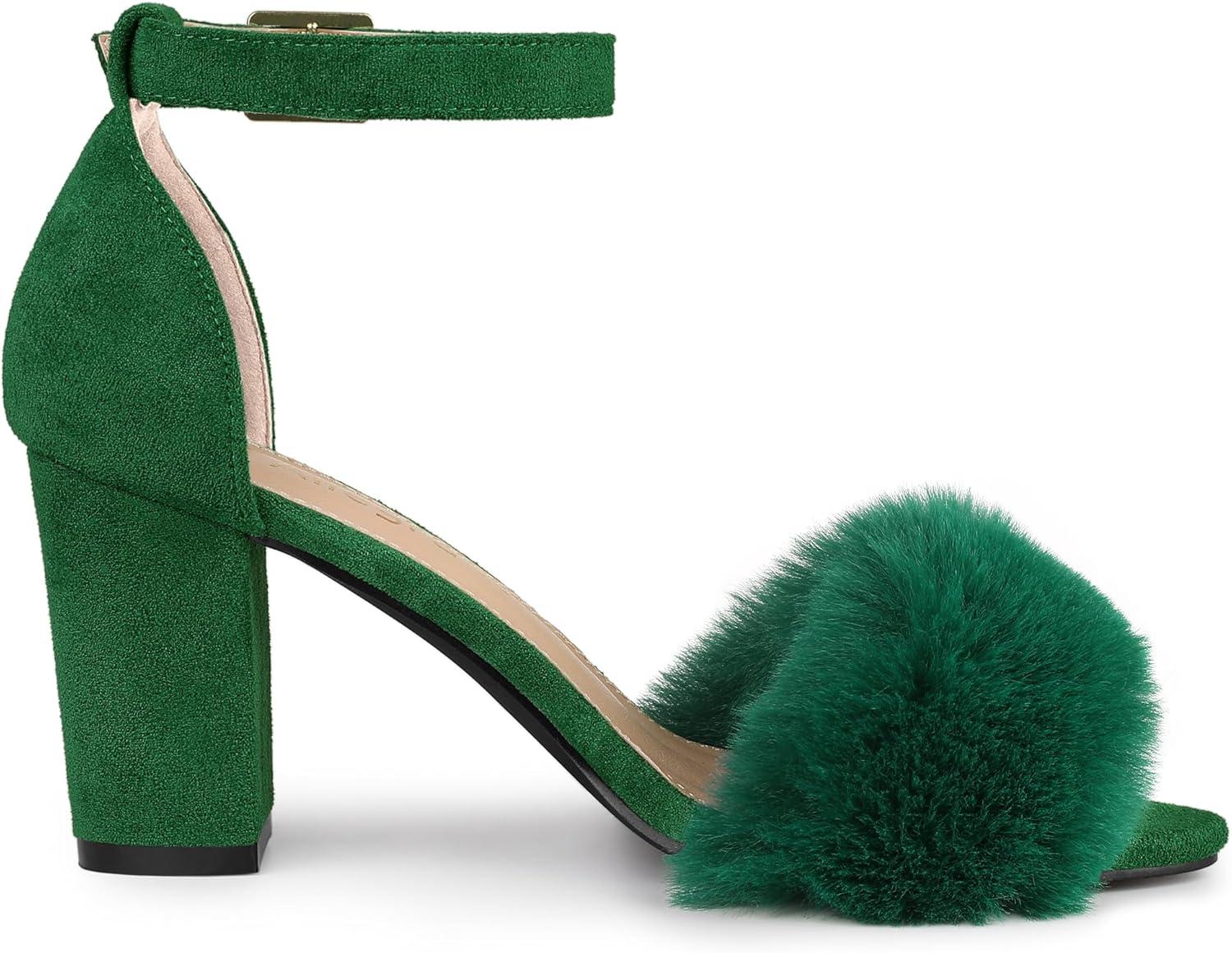 imageAllegra K Womens Faux Fur Ankle Strap Block Heels SandalsGreen