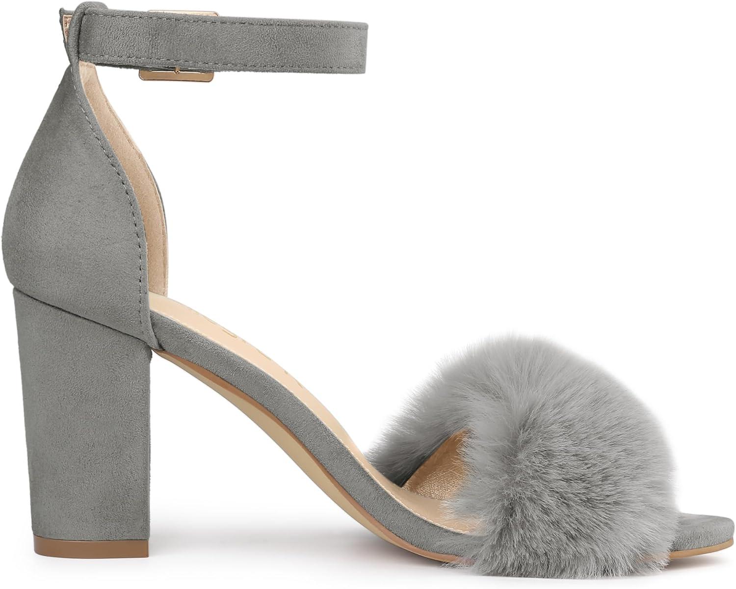imageAllegra K Womens Faux Fur Ankle Strap Block Heels SandalsGrey