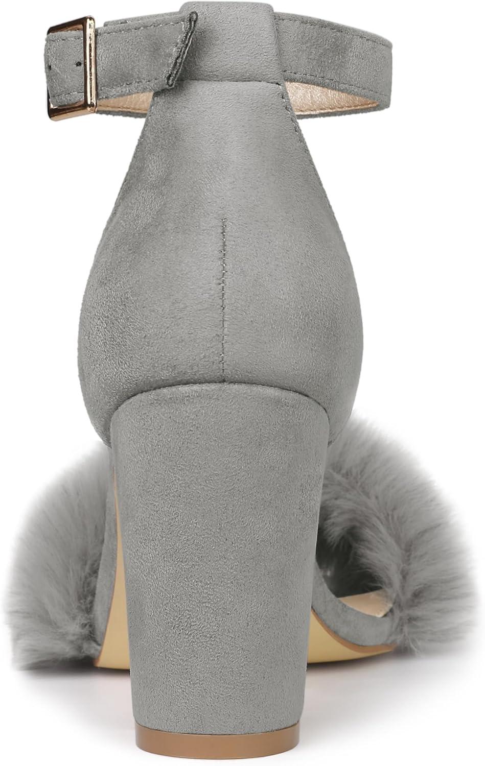 imageAllegra K Womens Faux Fur Ankle Strap Block Heels SandalsGrey