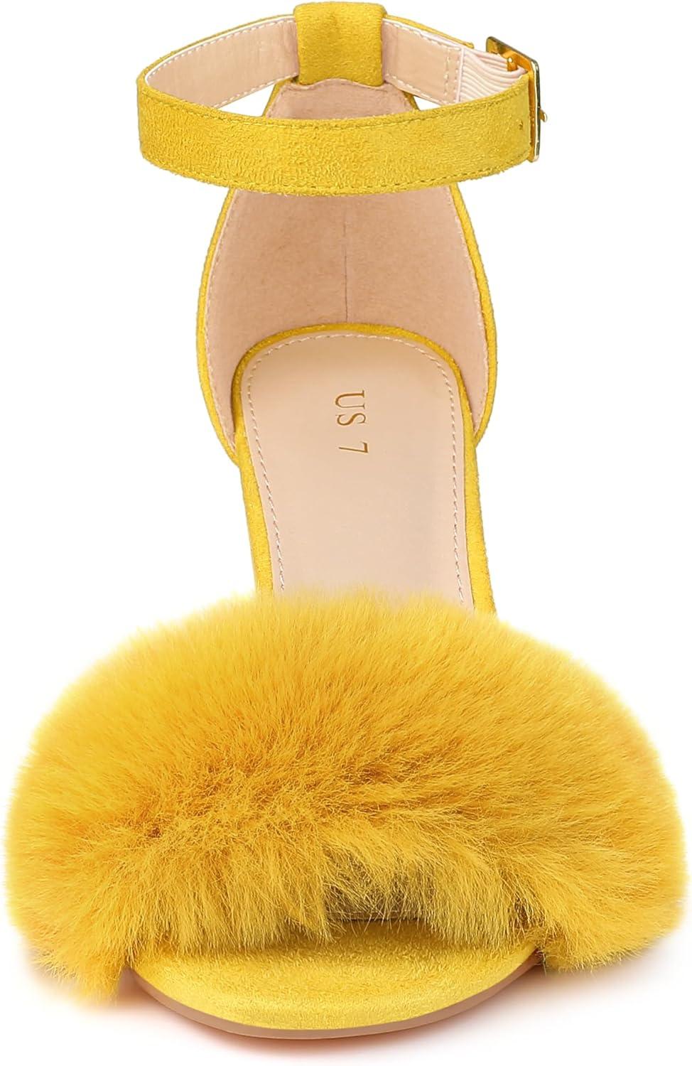 imageAllegra K Womens Faux Fur Ankle Strap Block Heels SandalsYellow