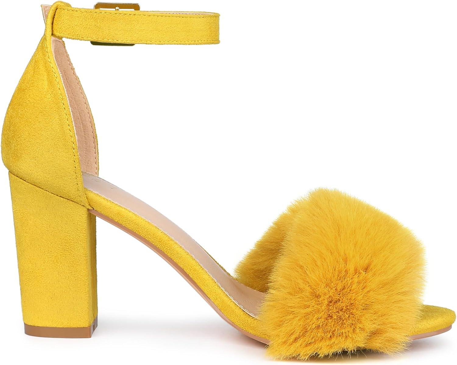 imageAllegra K Womens Faux Fur Ankle Strap Block Heels SandalsYellow