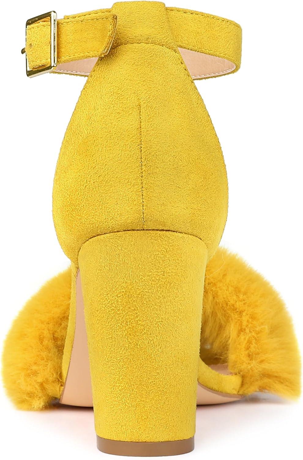 imageAllegra K Womens Faux Fur Ankle Strap Block Heels SandalsYellow