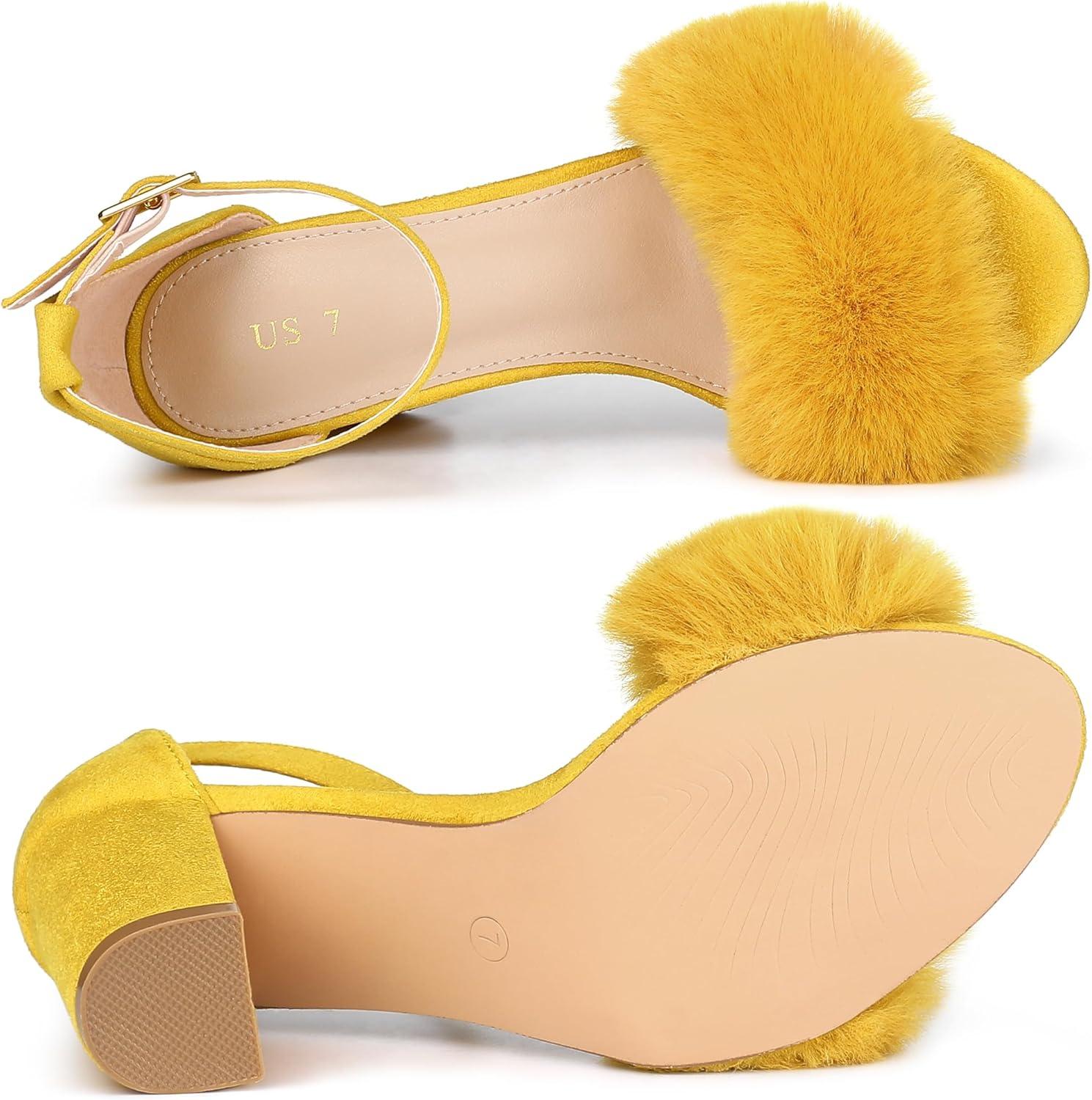 imageAllegra K Womens Faux Fur Ankle Strap Block Heels SandalsYellow