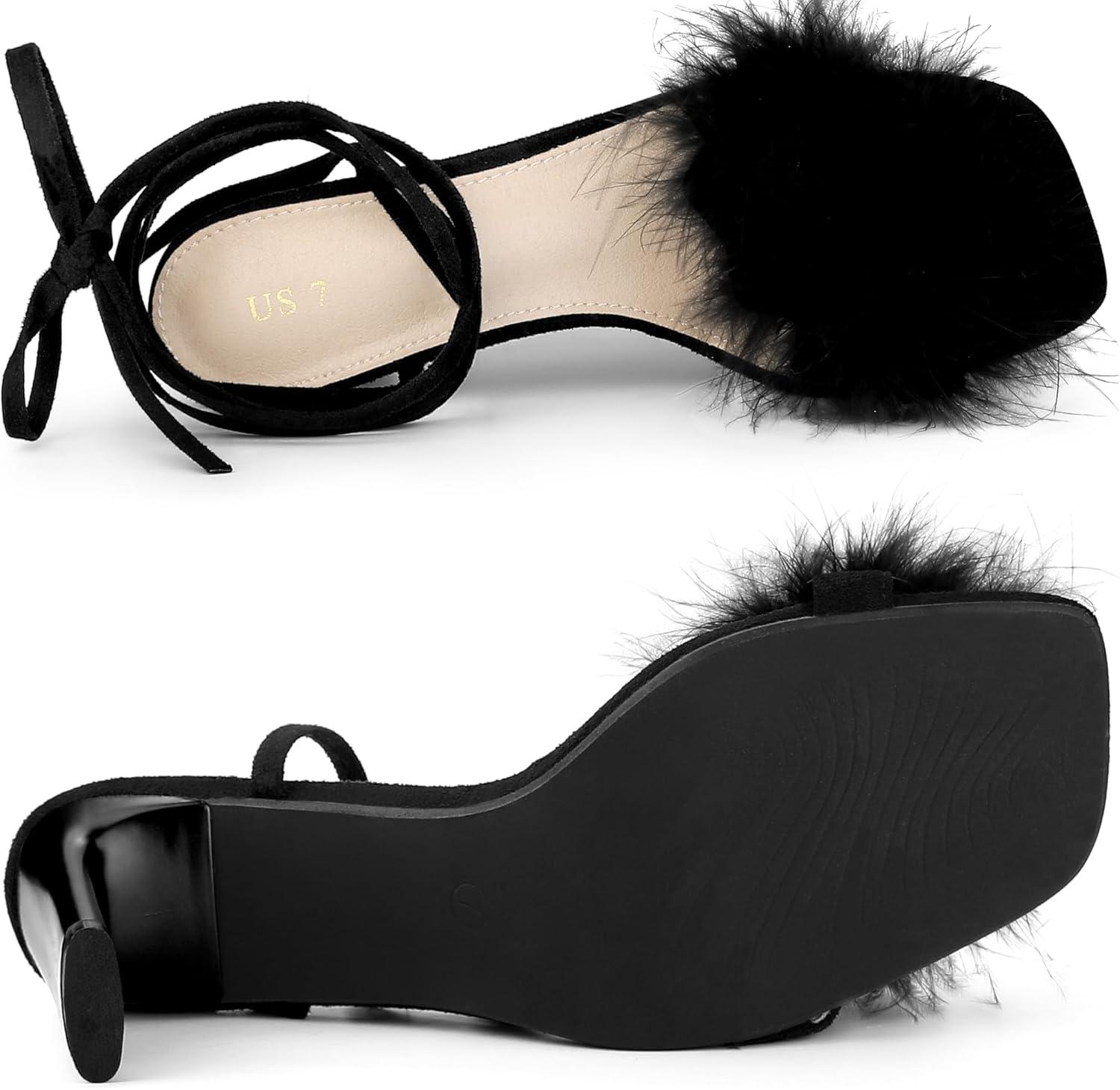 imageAllegra K Womens Faux Fur Slingback Block Heels Lace Up SandalsBlack