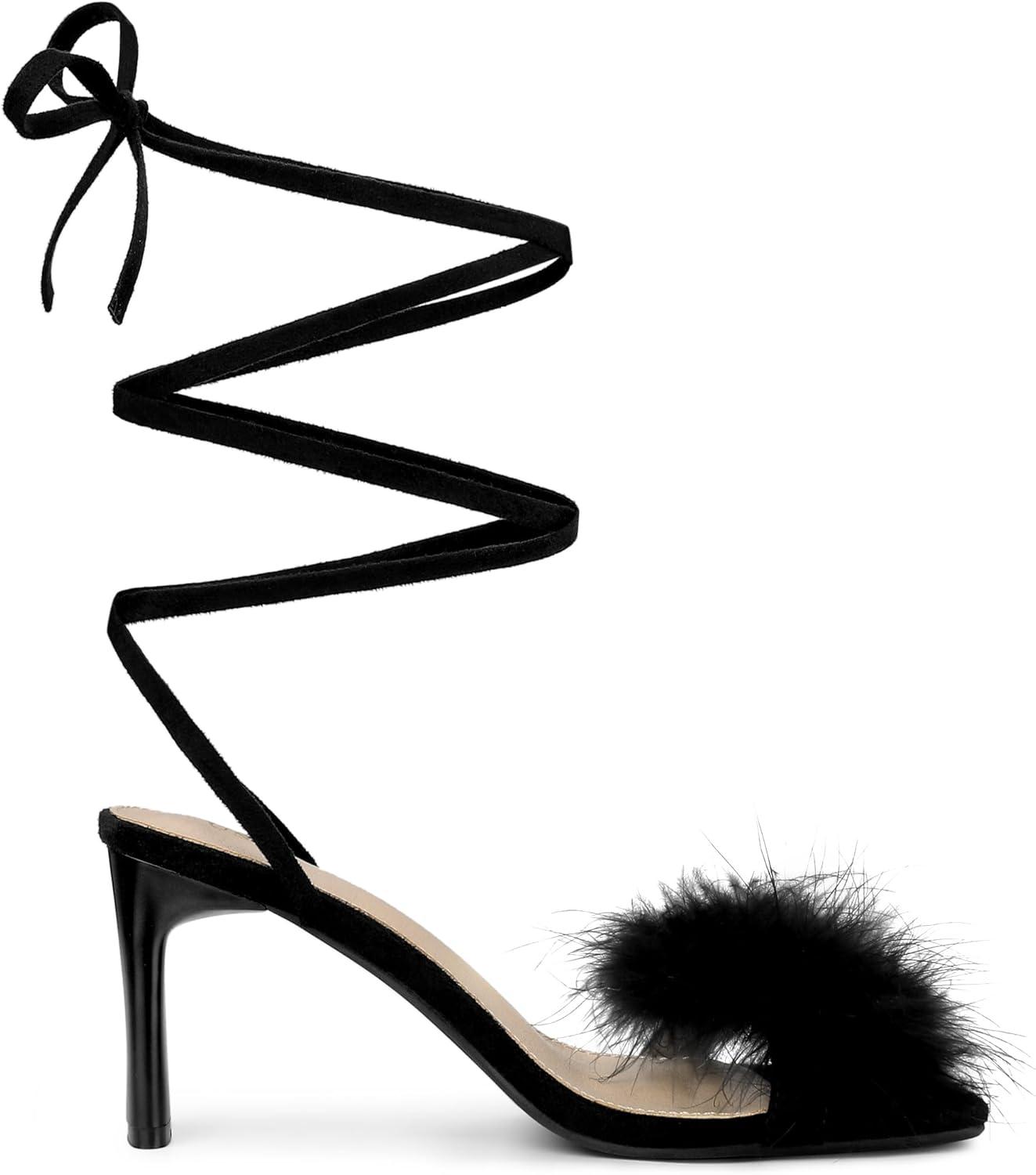 imageAllegra K Womens Faux Fur Slingback Block Heels Lace Up SandalsBlack