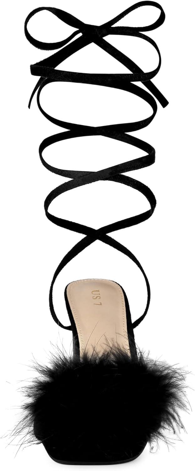 imageAllegra K Womens Faux Fur Slingback Block Heels Lace Up SandalsBlack