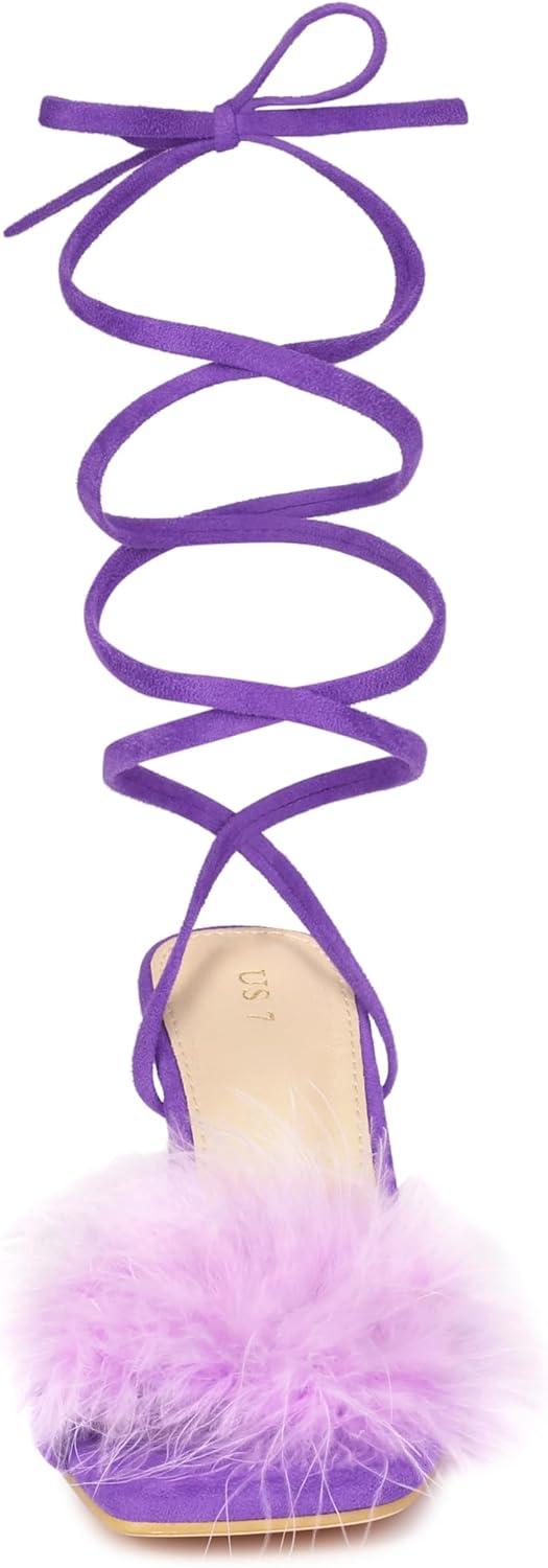 imageAllegra K Womens Faux Fur Slingback Block Heels Lace Up SandalsLight Purple