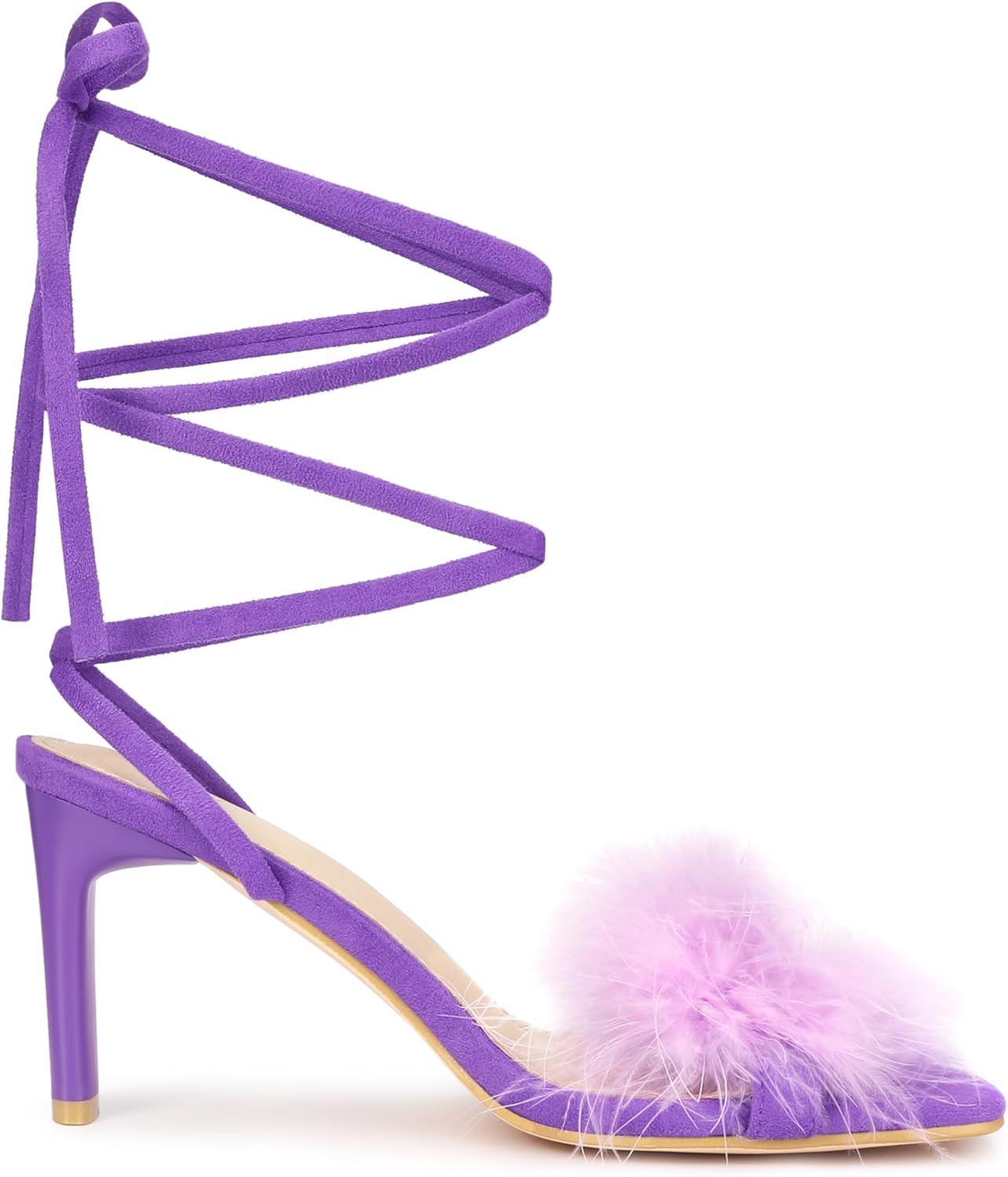 imageAllegra K Womens Faux Fur Slingback Block Heels Lace Up SandalsLight Purple