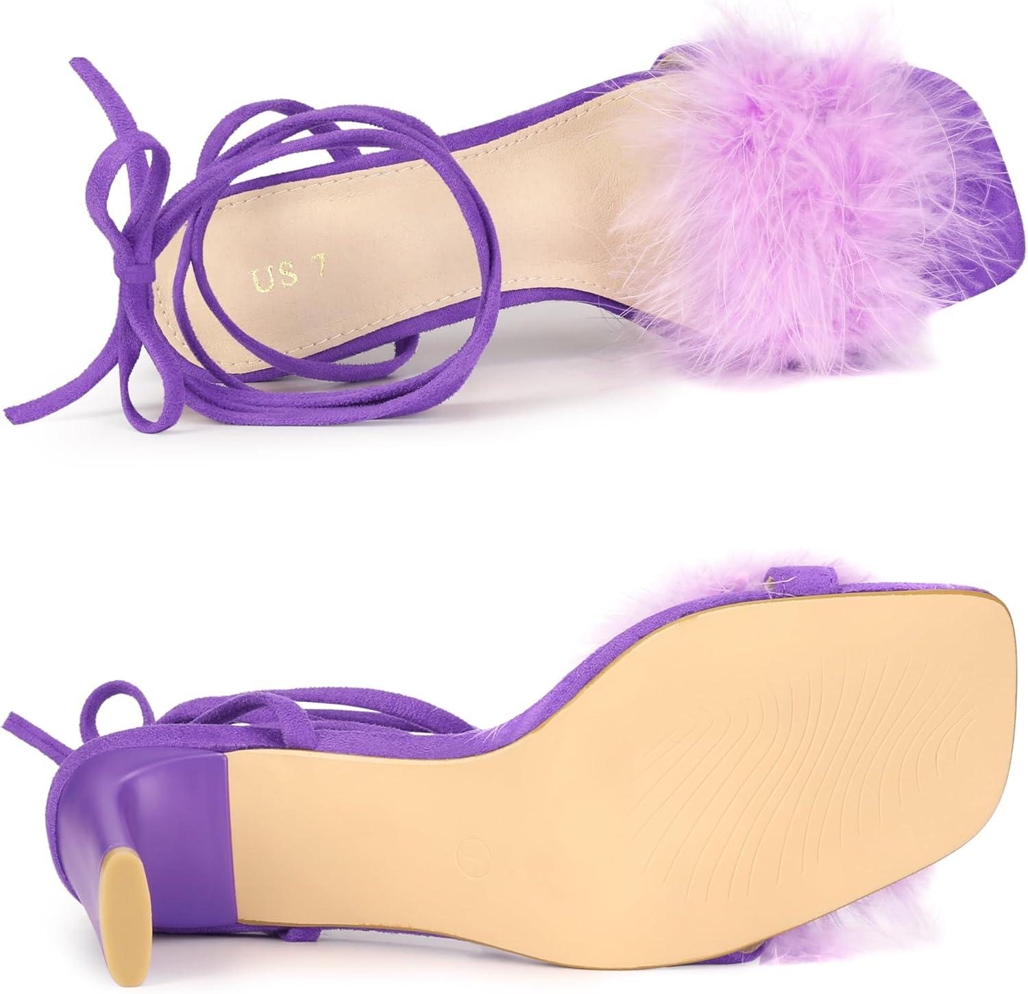 imageAllegra K Womens Faux Fur Slingback Block Heels Lace Up SandalsLight Purple