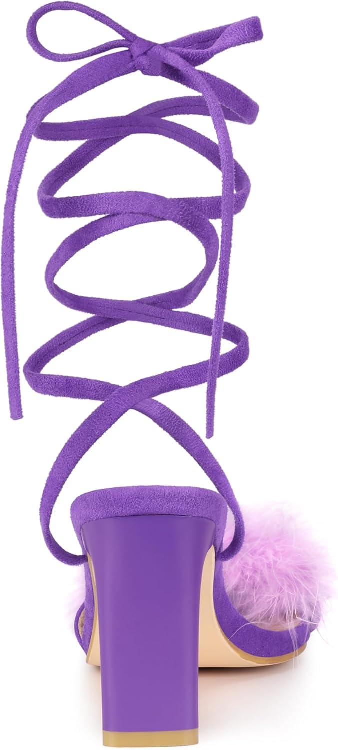 imageAllegra K Womens Faux Fur Slingback Block Heels Lace Up SandalsLight Purple