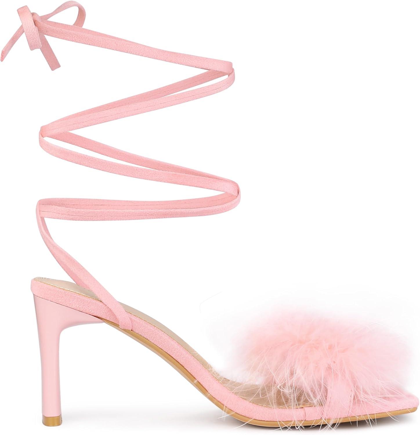 imageAllegra K Womens Faux Fur Slingback Block Heels Lace Up SandalsPink